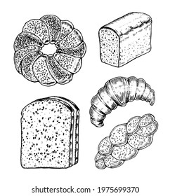 Bakery products set. Donut and bread, croissant and sandwich. Engraved hand drawn in old sketch and vintage style for label and menu bakery shop. 
