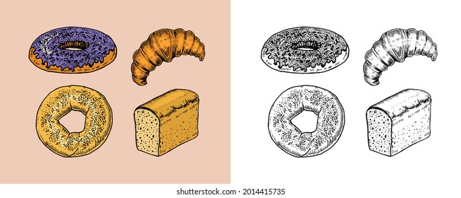 Bakery products set. Donut and bread, croissant and sandwich and donut. Engraved hand drawn in old sketch and vintage style for label and menu bakery shop. 