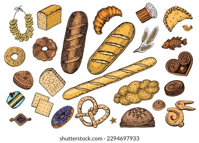 Bakery products set. Donuts bagels, cookies and and baguette, pie and croissant and Easter cake. Engraved hand drawn in old sketch and vintage style for label and menu bakery shop. organic food.
