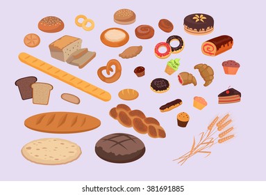 Bakery products set flat design. Bread shop food, cake and baking, pastry cupcake, roll and donut, breakfast illustration