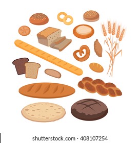 Bakery products set flat design. Bread and bakery shop, cake and baking, pastry cupcake products, roll and donut, product food bakery, breakfast vector illustration