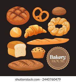 Bakery products set with fresh bread, buns, french baguette, croissant, muffin and different pastries