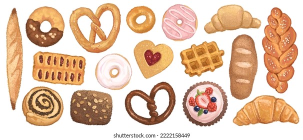 Bakery products set. Hand drawn watercolor realistic detailed vector illustration of baguette, croissant, cream cake, cupcake and donut isolated on white background