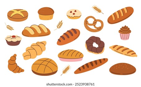 Bakery products set. Homemade bread. Bread, croissant, baguette, muffin, croissant, buns, pretzel, bagel. Vector illustration