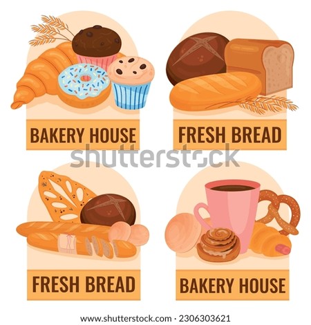 Bakery products set of isolated labels with editable text and flat images of baked goods sweets vector illustration