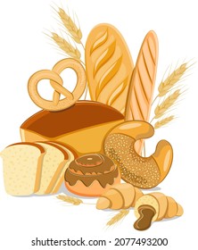 Bakery products set. Loaf, bun, croissant, bread, pastries. Vector illustration isolated on white background.
