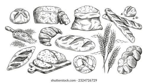 Bakery products set. Sketch with bread and bun, flour and wheat, loaf and bagel in hand drawn style. Farm, agriculture and cereals concept. Linear flat vector collection isolated on white background