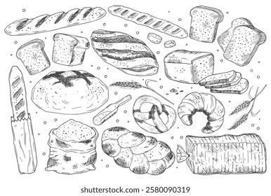 Bakery products set. Sketch with bread and bun, flour and wheat, loaf and bagel in hand drawn style. Farm, agriculture and cereals concept. Linear flat vector collection isolated on white background