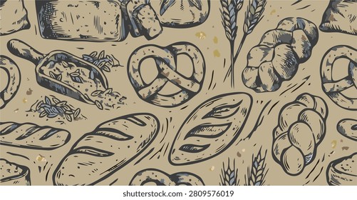 Bakery products set. Sketch with bread and bun, flour and wheat, loaf and bagel in hand drawn style. Farm, agriculture and cereals concept. Linear flat vector collection isolated on white background