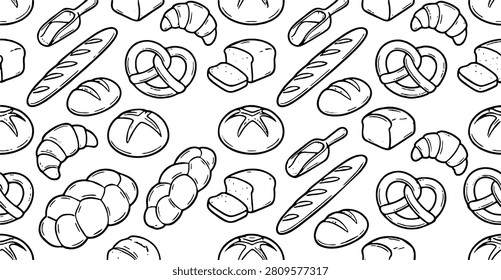 Bakery products set. Sketch with bread and bun, flour and wheat, loaf and bagel in hand drawn style. Farm, agriculture and cereals concept. Linear flat vector collection isolated on white background