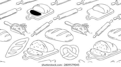 Bakery products set. Sketch with bread and bun, flour and wheat, loaf and bagel in hand drawn style. Farm, agriculture and cereals concept. Linear flat vector collection isolated on white background