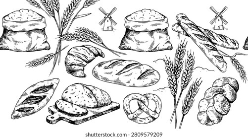 Bakery products set. Sketch with bread and bun, flour and wheat, loaf and bagel in hand drawn style. Farm, agriculture and cereals concept. Linear flat vector collection isolated on white background