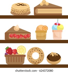 Bakery products set. Sweets on shelves