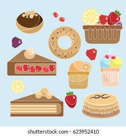 Bakery products set. Sweets with white outline on blue background