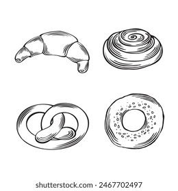 Bakery products set. Vector graphics illustration, isolated. Croissant and Cinnamon bun, Pretsel and bagel with sesame. Sketch of traditional bread. Flat foods for infographic, menu, cookbook, website