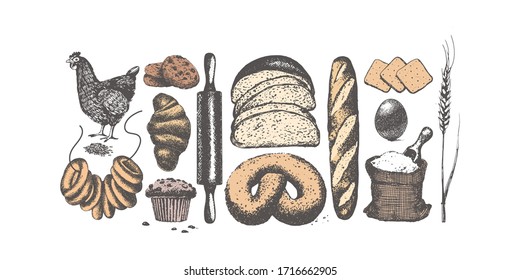 Bakery products. Set of vector sketches. Hand drawn illustrations