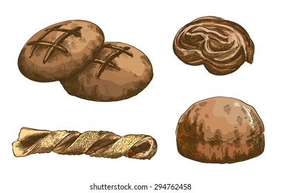 bakery products. set of vector sketches. hand drawn illustrations