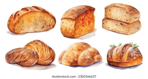 Bakery products set. Watercolor illustrations  Hand drawn bakery set on watercolor paper isolated on white background. Food illustration.