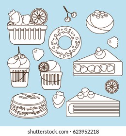 Bakery products set. White sweets with black outline on blue background