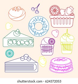 Bakery products set. White sweets with bright colored outlines on light background