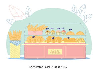 Bakery Products Shop Flat Cartoon Vector Illustration. Fresh, Hot Bread behind Counter. Croissants, French Baguette in Boxes, Cupcakes with Glaze, Strudel, Buns with Сinnamon. Family Store.