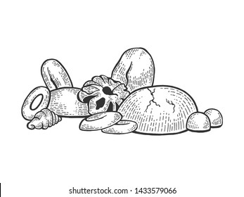 Bakery products sketch engraving vector illustration. Scratch board style imitation. Black and white hand drawn image.