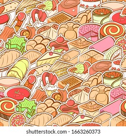 Bakery products and Snacks pattern. Background for printing, design, web. Seamless. Colored.