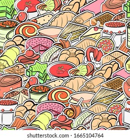 Bakery products and Snacks pattern. Background for printing, design, web. Seamless. Colored.