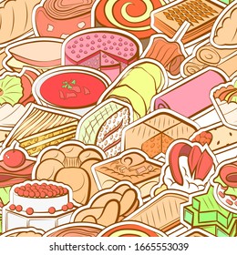 Bakery products and Snacks pattern. Background for printing, design, web. Seamless. Colored.