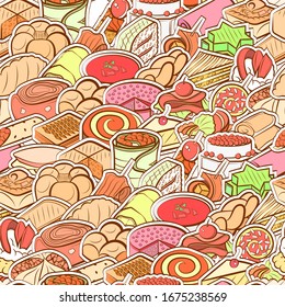 Bakery products and Snacks pattern. Background for printing, design, web. Seamless. Colored.