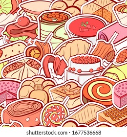 Bakery products and Snacks pattern. Background for printing, design, web. Seamless. Colored.