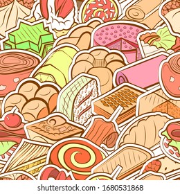 Bakery products and Snacks pattern. Background for printing, design, web. Seamless. Colored.