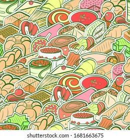 Bakery products and Snacks pattern. Background for printing, design, web. Seamless. Colored.