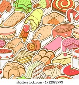 Bakery products and Snacks pattern. Background for printing, design, web. Seamless. Colored.