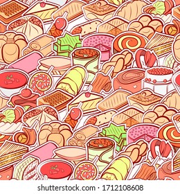 Bakery products and Snacks pattern. Background for printing, design, web. Seamless. Colored.