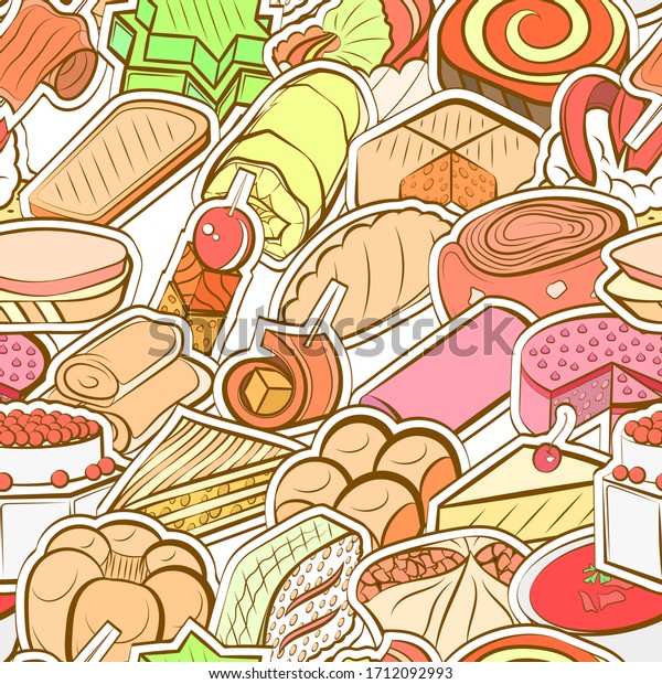 Bakery products and Snacks pattern.
Background for printing, design, web. Seamless.
Colored.