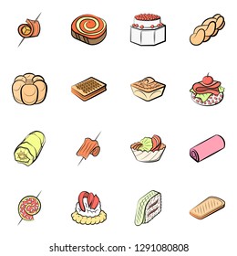 Bakery products and Snacks set. Background for printing, design, web. Usable as icons. Colored.