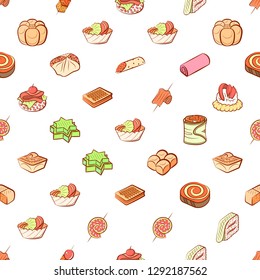 Bakery products and Snacks set. Background for printing, design, web. Usable as icons. Seamless. Colored.