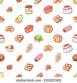 Bakery products and Snacks set. Background for printing, design, web. Usable as icons. Seamless. Colored.