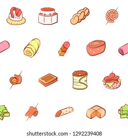 Bakery products and Snacks set. Background for printing, design, web. Usable as icons. Seamless. Colored.