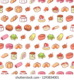 Bakery products and Snacks set. Background for printing, design, web. Usable as icons. Seamless. Colored.