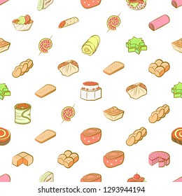 Bakery products and Snacks set. Background for printing, design, web. Usable as icons. Seamless. Colored.