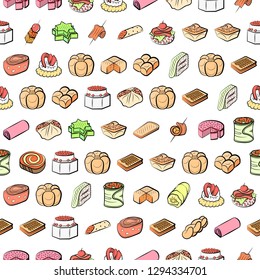 Bakery products and Snacks set. Background for printing, design, web. Usable as icons. Seamless. Colored.