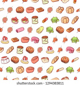 Bakery products and Snacks set. Background for printing, design, web. Usable as icons. Seamless. Colored.