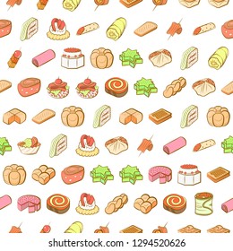 Bakery products and Snacks set. Background for printing, design, web. Usable as icons. Seamless. Colored.