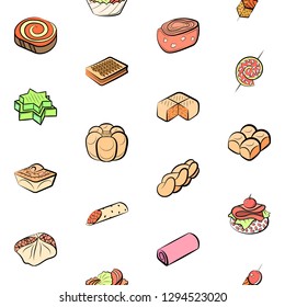 Bakery products and Snacks set. Background for printing, design, web. Usable as icons. Seamless. Colored.