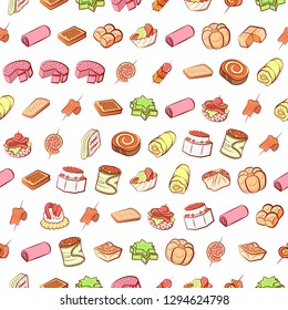 Bakery products and Snacks set. Background for printing, design, web. Usable as icons. Seamless. Colored.