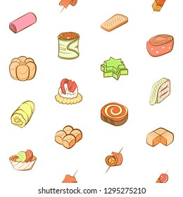 Bakery products and Snacks set. Background for printing, design, web. Usable as icons. Seamless. Colored.