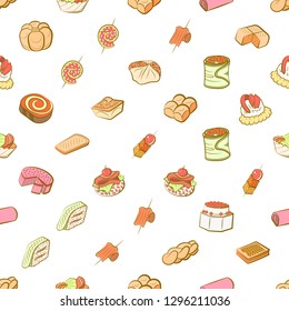 Bakery products and Snacks set. Background for printing, design, web. Usable as icons. Seamless. Colored.