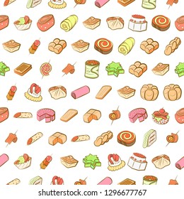 Bakery products and Snacks set. Background for printing, design, web. Usable as icons. Seamless. Colored.